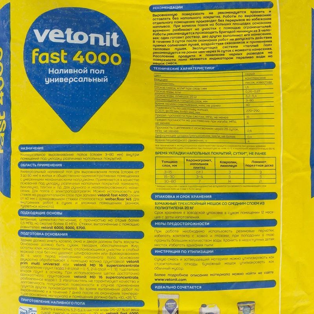 Наливной пол Ветонит Fast 4000 универсальный 20 кг
