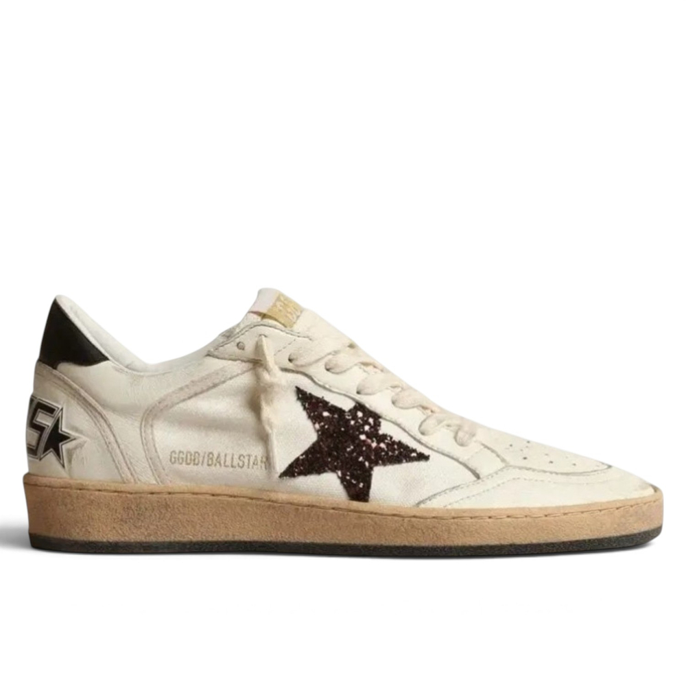 Women's Golden Goose Ball Star Chicory-Coffee Glitter Star and Black Leather Heel Tab