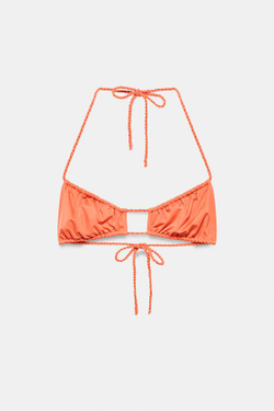 ZARA ОДНОТОННЫЙ ТОП БИКИНИ СО СБОРКАМИ, ОРАНЖЕВЫЙ