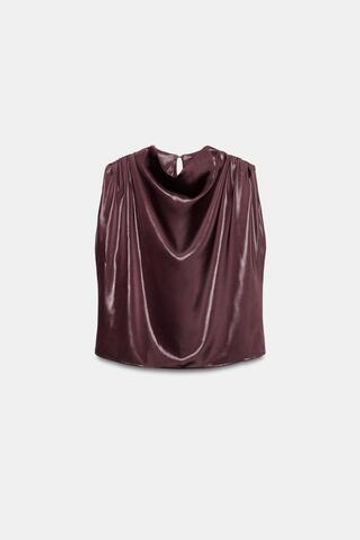 ZARA АТЛАСНЫЙ ТОП С ЗОЛОТИСТОЙ АППЛИКАЦИЕЙ, БУРГУНДИ