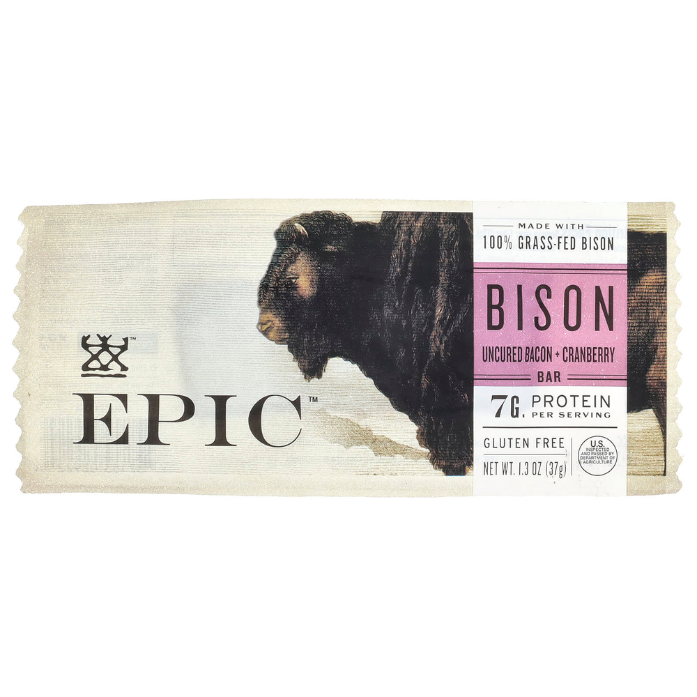 Epic Bar, Bison Bar, неотвержденный бекон и клюква, 37 г (1,3 унции)