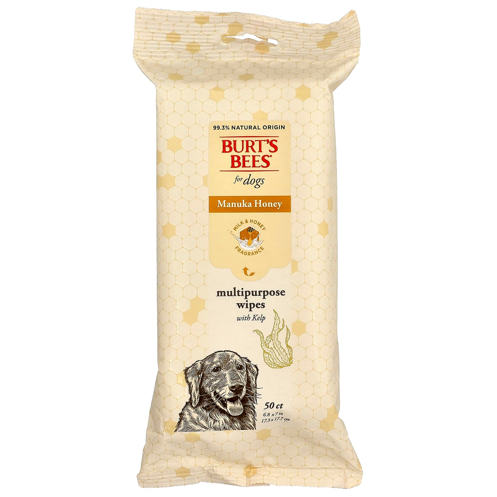 Burt's Bees, Многоцелевые салфетки с водорослями Manuka Honey, для собак, с молоком и медом, 50 салфеток