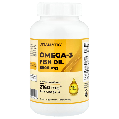 Vitamatic, рыбий жир с омега-3, натуральный лимон, 180 мягких таблеток