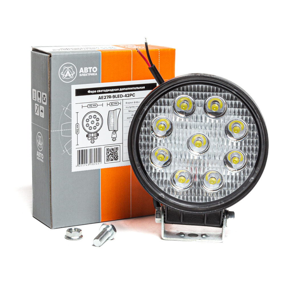 AE27R-9LED-42PC Фара светодиодная дополнительная, круглая 115х42х142, рассеянный свет, 9 диодов, крепление по центру, 27 Вт, 10-30 В