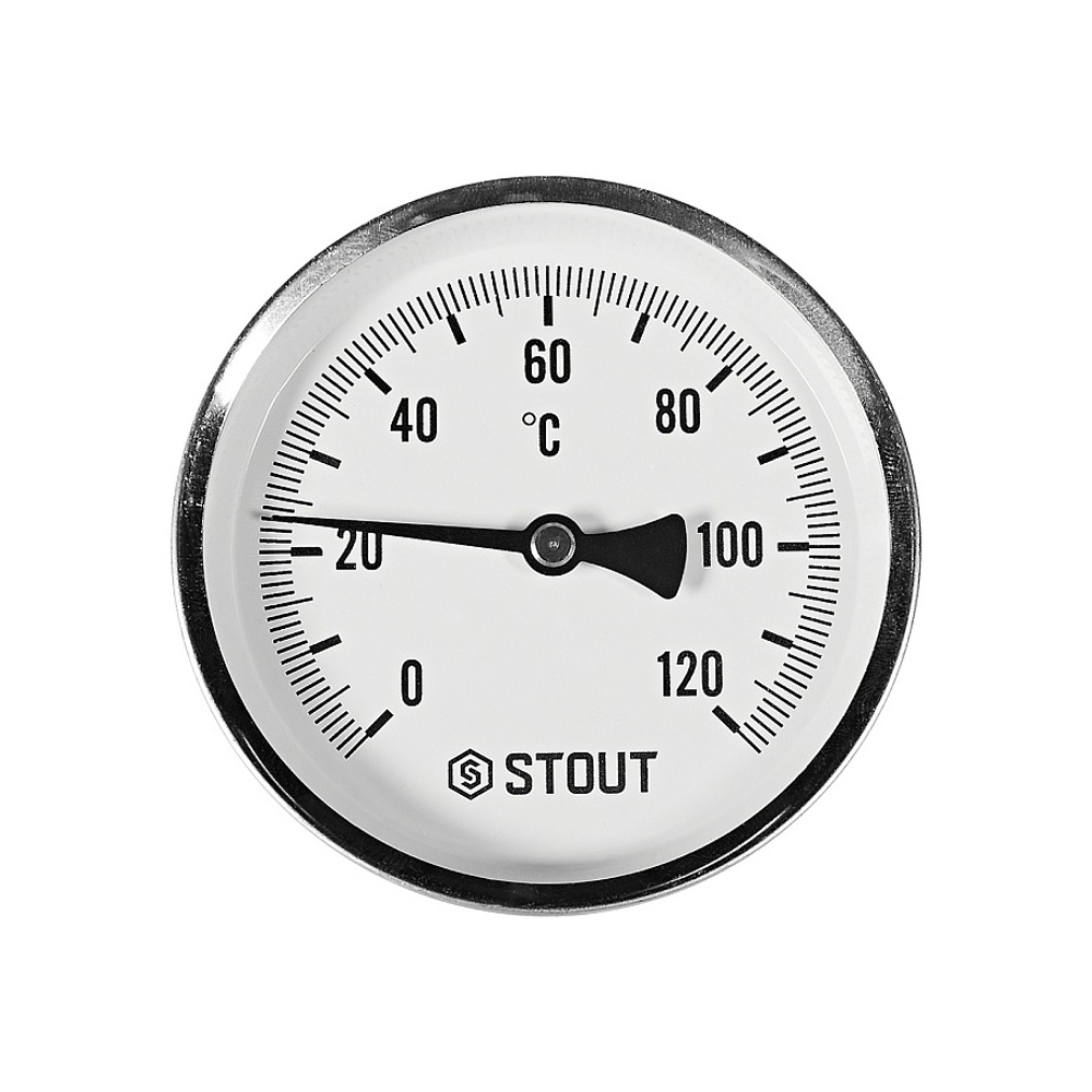 Термометр биметаллический аксиальный STOUT - 1/2" (D100мм, шкала 0-120°C, с гильзой 50 мм)