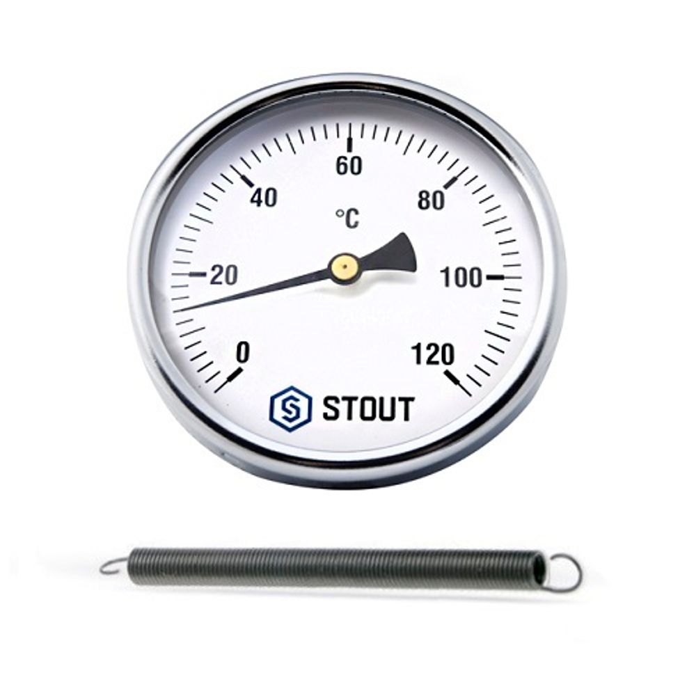 Термометр биметаллический накладной STOUT - 1/2" (D63 мм, шкала 0-120°C, с пружиной)