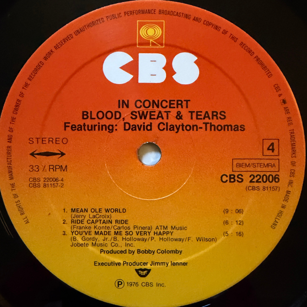 Blood, Sweat & Tears Featuring David Clayton-Thomas – In Concert 2LP (Голландия 1976г.)