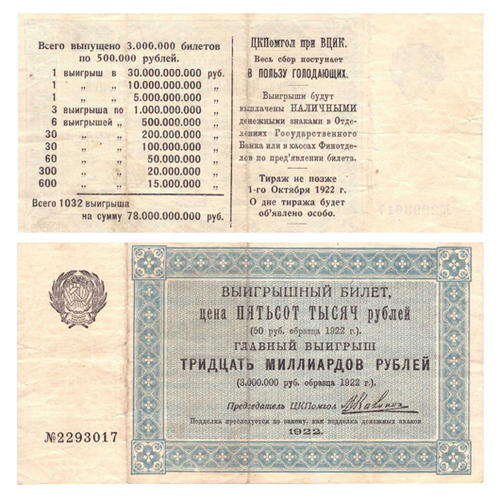 Выигрышный билет на 500 000 рублей. ЦКПомгол при ВЦИК. 1922 год. VF-