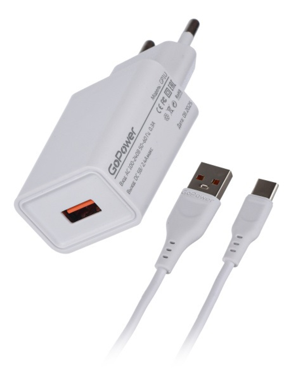 Сетевое З/У GoPower GP1U 1USB 2.4A 12W с кабелем Type-C белый