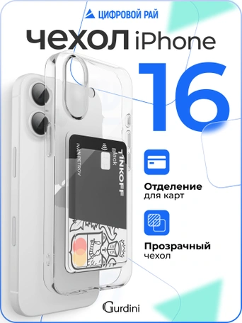 Чехол накладка iPhone 16 6.1" Gurdini силикон с отделением для карты прозрачный