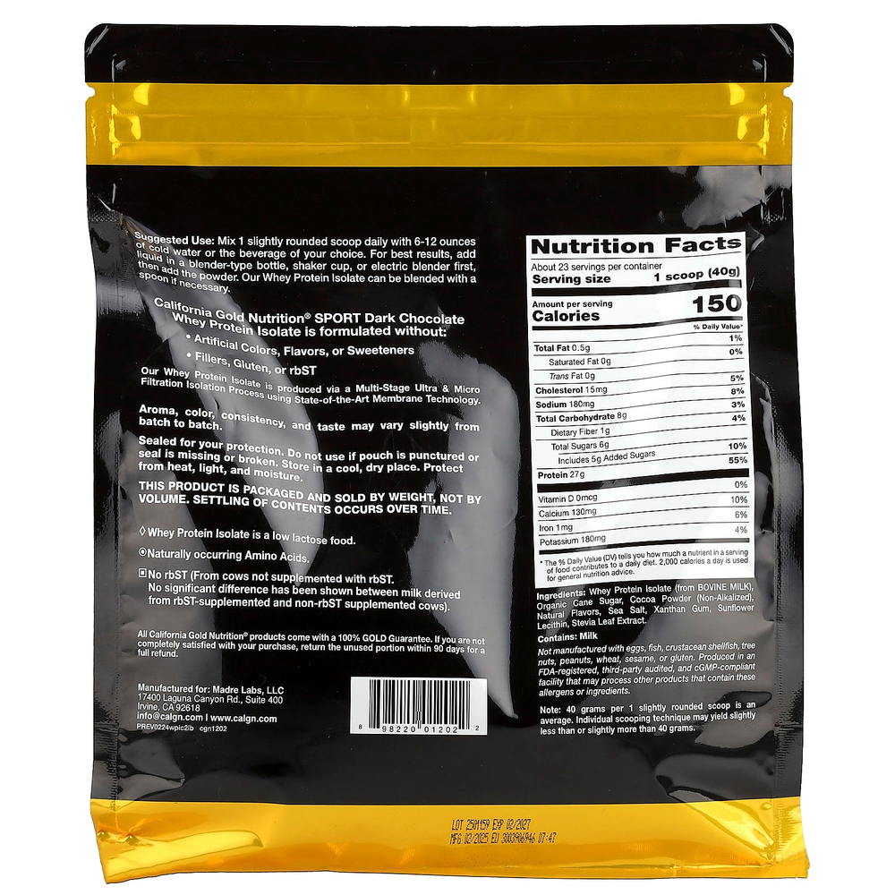 California Gold Nutrition, Sport, изолят сывороточного протеина со вкусом тёмного шоколада, 907 г (2 фунта)