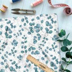 Ткань поплин крупные полупрозрачные листья на белом фоне