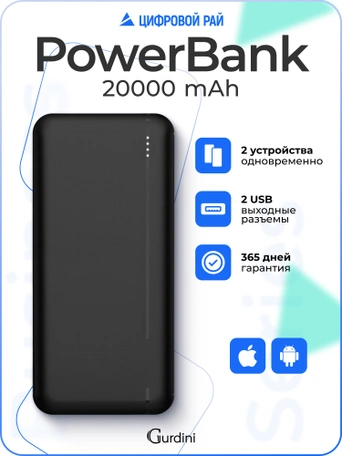 Дополнительный аккумулятор Gurdini Business Series GPBS-02B 20000 mAh Black