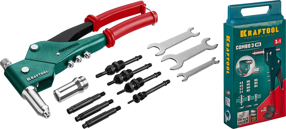 Заклепочник комбинированный поворотный 3в1 в кейсе KRAFTOOL Combo3-M6 (31178)