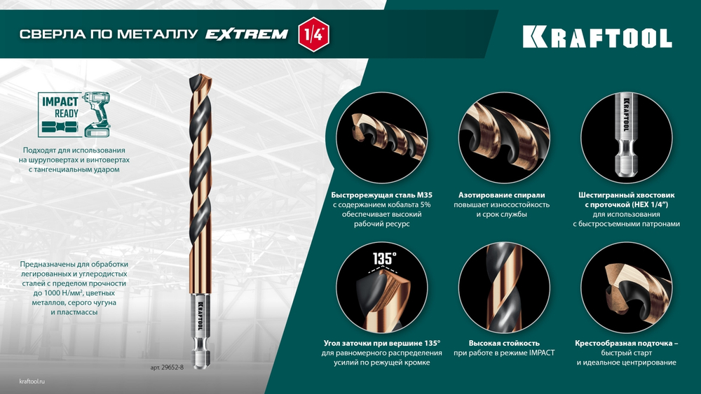 KRAFTOOL НЕХ-1/4″, d 4.0 х 83 мм, сверло по металлу для винтовёртов и шуруповертов IMPACT READY (29652-4)