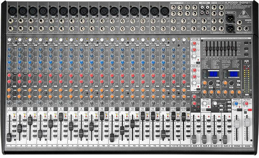 BEHRINGER SX2442FX микшер, 16 моновходов, 4 стерео, 4 AUX-шины, 4 подгруппы, 2 процессора эффектов