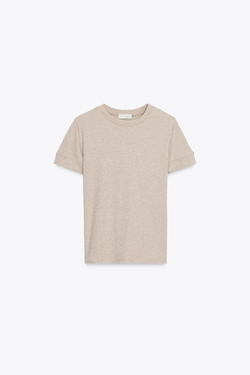 ZARA МИНИМАЛИСТИЧНАЯ ФУТБОЛКА С КОРОТКИМИ РУКАВАМИ, БЕЖЕВЫЙ МЕЛАНЖ