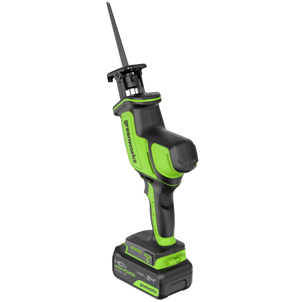 Пила сабельная акк. Greenworks GPT-CRS-25, 24V, б/щет, 0-3000/мин, рез 80 мм дер., LED, 1х4Ач,ЗУ,кор (1200507CUB)