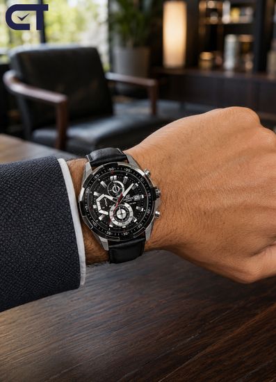 CASIO EFR-539L-1AVUDF EDIFICE мужские наручные часы — крупный хронограф с чёрным циферблатом и кожаным ремешком