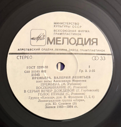 Виниловая пластинка Валерий Леонтьев – Премьера. Песни Александра Морозова (Мелодия) LP
