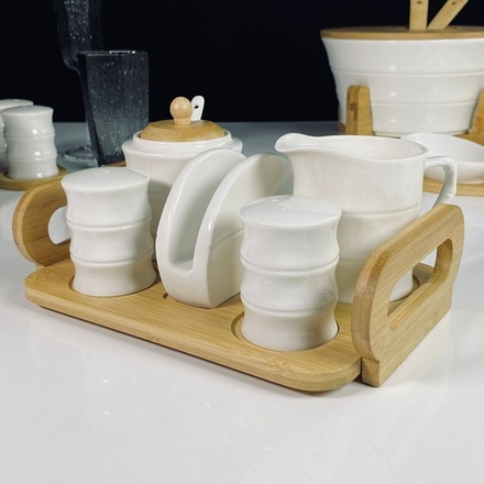 Lenardi 140-160 Набор для специй с сахарница,салфетница,молочник на под-ке BAMBOO в под.уп.(х12) Фарфор