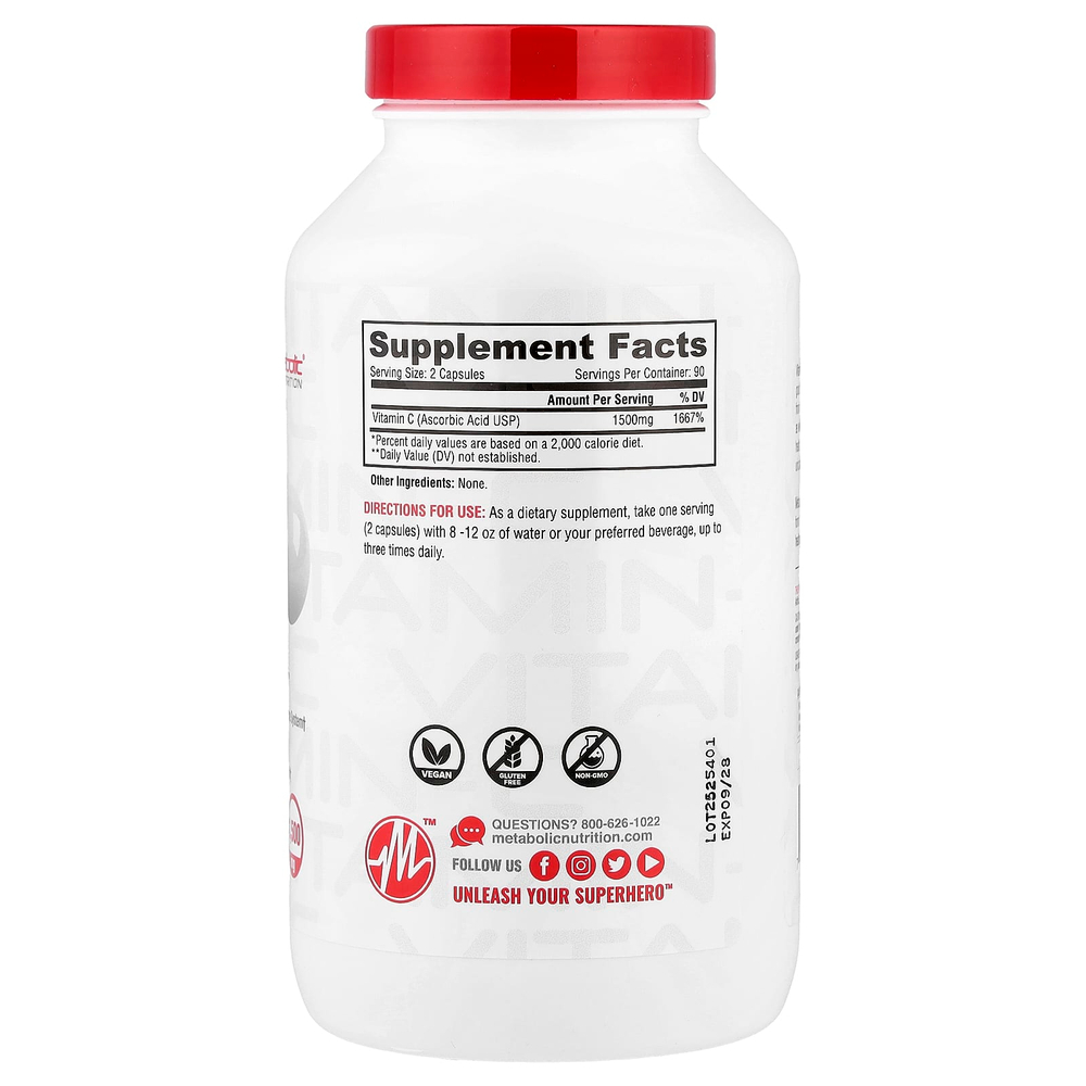 Metabolic Nutrition, Витамин C, 180 капсул (750 мг на капсулу)