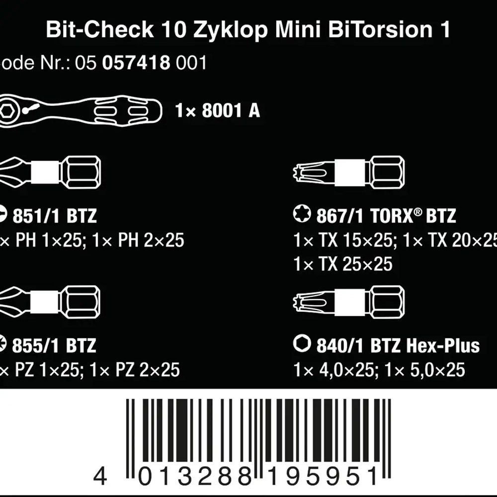 Набор бит с трещоткой Bit-Check 10 Zyklop Mini BiTorsion 1 WERA 05057418001