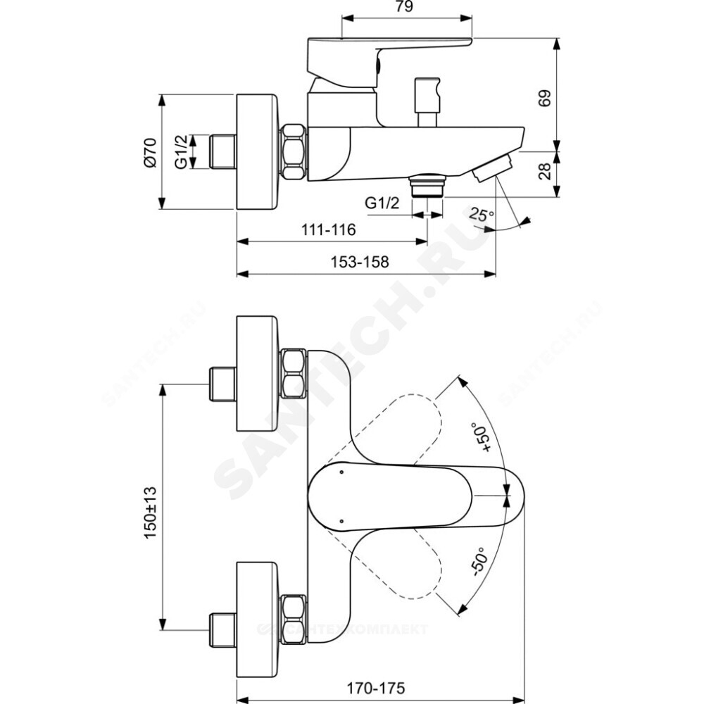 Смеситель для ванны с душем одноручный TYRIA Ideal Standard BC157AA