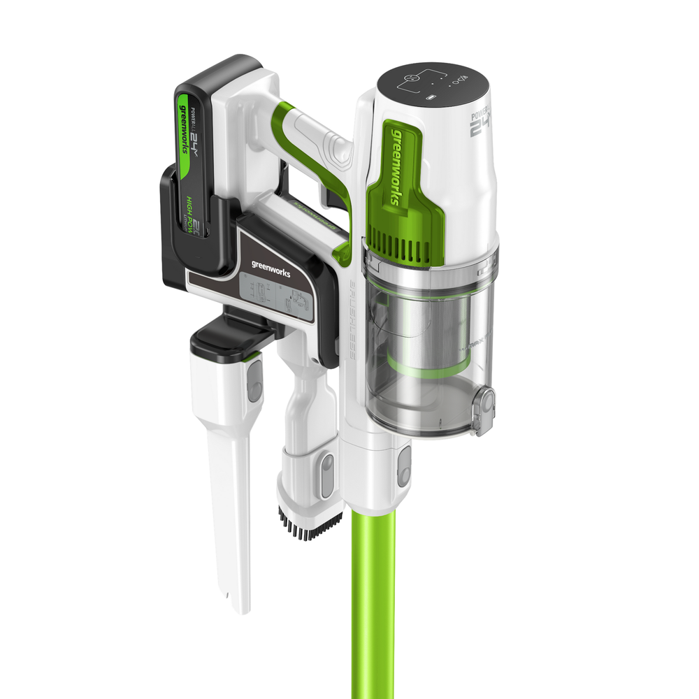 Пылесос вертикальный акк. Greenworks SV24532, 24V, б/щет, 350 Вт, 21 кПа, электрощетка, 3 насадки, LED, белый+зеленый, 1х2Ач и ЗУ (4702007UA)