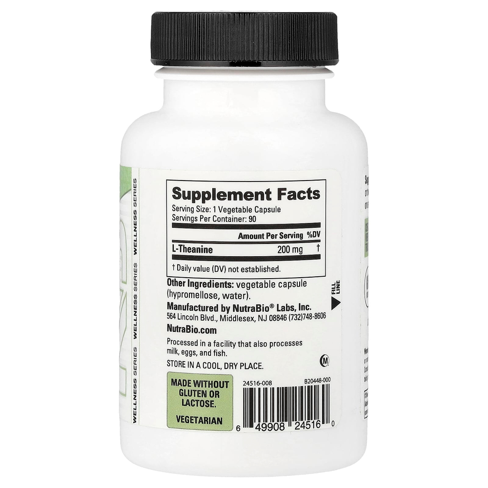 NutraBio, L-теанин, 90 капсул (200 мг на капсулу)