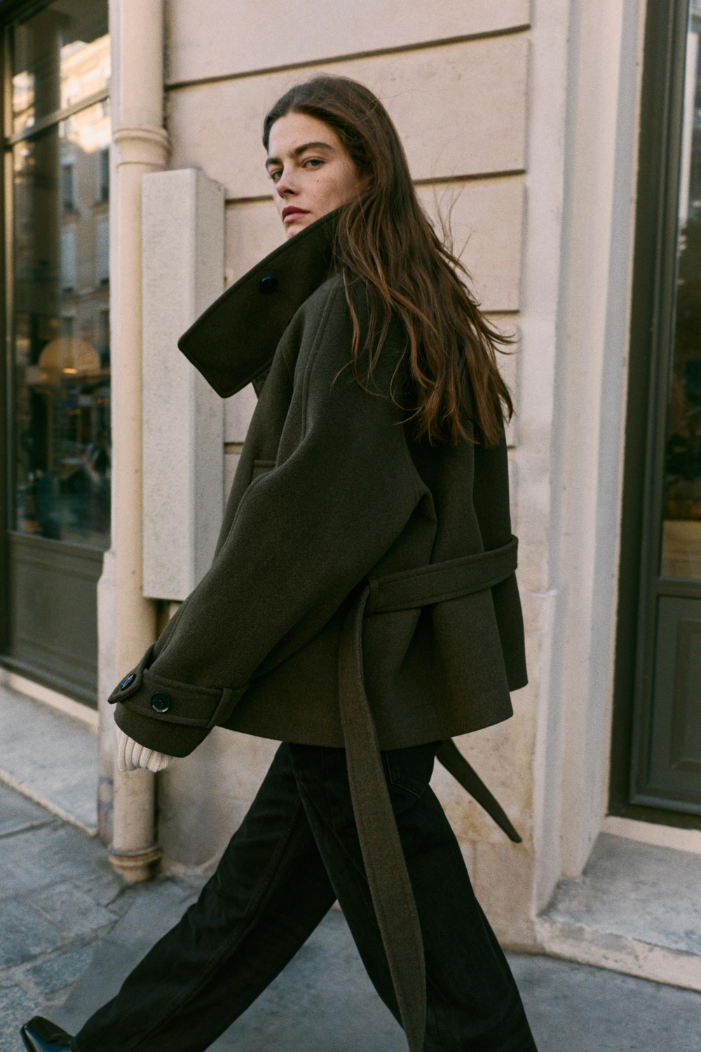 ZARA ПАЛЬТО С ВЫСОКИМ ВОРОТНИКОМ И ПОЯСОМ, ХАКИ