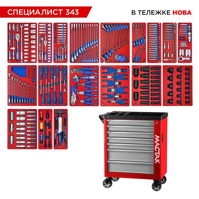 МАСТАК (50-07343R) Набор инструментов 343 предмета, "СПЕЦИАЛИСТ 343", в красной тележке