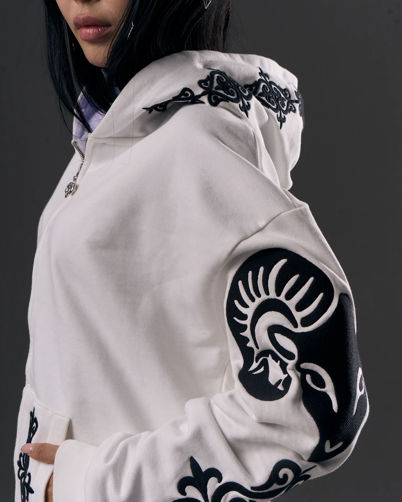 White Zip Hoodie with Signature Ornament Embroidery
