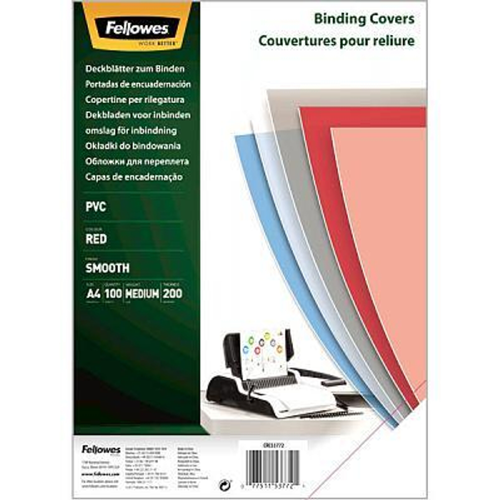 Обложки Transparent, A4,  Fellowes®, 200 мкм., 100 шт., прозрачный красный ПВХ