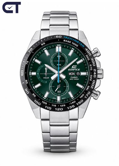 CASIO EFR-574DB-3AVUDF EDIFICE мужские наручные часы — стальной хронограф с зелёным циферблатом и чёрным IP-безелем