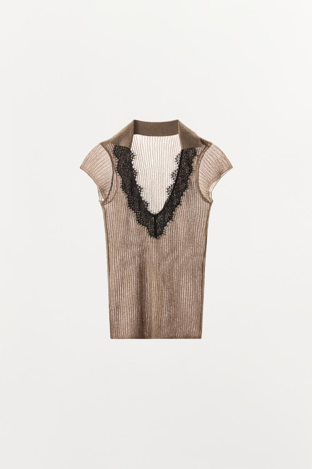 ZARA ТОП ИЗ ТРИКОТАЖА С КРУЖЕВОМ И БЛЕСТЯЩЕЙ НИТЬЮ, ЗОЛОТИСТЫЙ