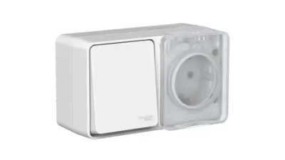 ATLASDESIGN PROFI IP54 О/У БЛОК: РОЗЕТКА с заземл. со шт., 16А, ВЫКЛЮЧАТЕЛЬ 1-клав., 10АХ, СЕРЫЙ