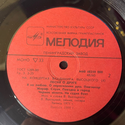 Винтажная виниловая пластинка LP Владимир Высоцкий Песня О Друге (СССР 1988) На Концертах Владимира Высоцкого