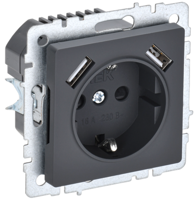 BRITE Розетка 1-местная с заземлением с защитными шторками 16А с USB A+A 5В 2,1А РЮш10-1-БрГ графит IEK