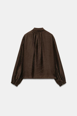 ZARA БЛУЗА С ЦВЕТКОМ И БАНТОМ, КОРИЧНЕВЫЙ