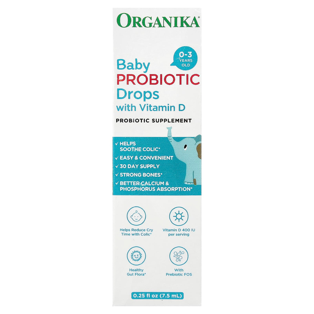 Organika, пробиотик для детей в каплях с витамином D™, для детей 0-3 лет, 7,5 мл (0,25 жидк. унции)