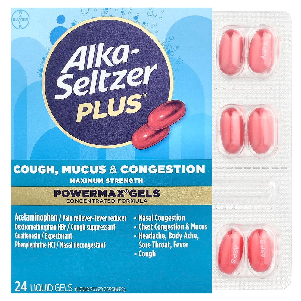 Alka-Seltzer Plus, PowerMax®, гели, от кашля, мокроты и заложенности носа, 24 жидкие капсулы