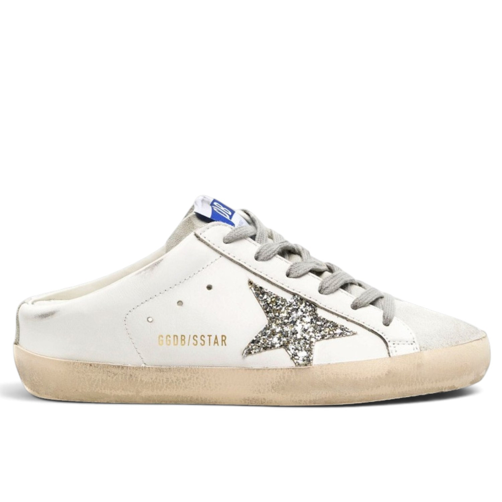 Women's Golden Goose Superstar Sabot with Platinum Glitter Star and Suede Tongue