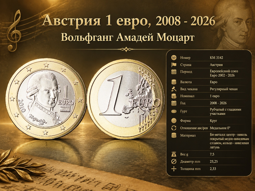 Австрия 1 евро, 2010 Вольфганг Амадей Моцарт XF