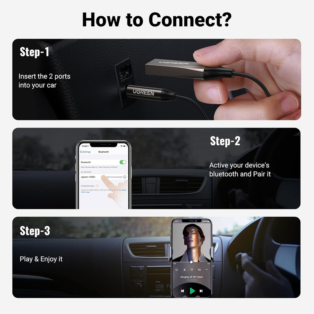 Bluetooth V5.0 Audio Receiver, 3.5mm + микрофон, UGREEN 70601