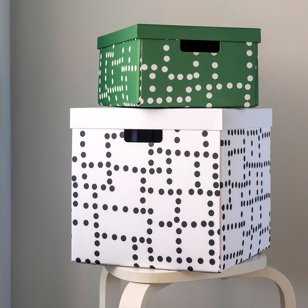 IKEA FJÄDERHARV  (ИКЕА ФЙЭДЕРХАРВ)  -  Коробка с крышкой - зелёный/в горошек 25x35x16 см