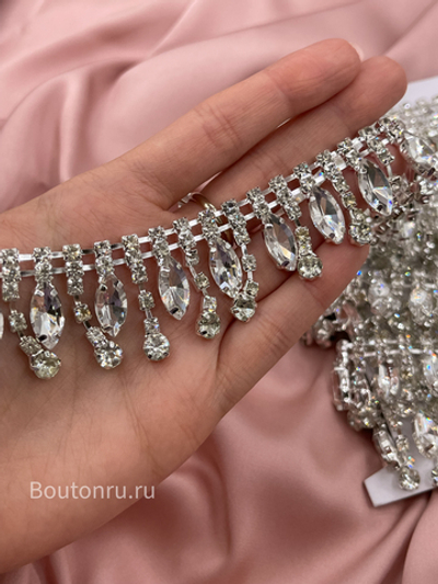 Бахрома стразы лодочка в серебре 3 см