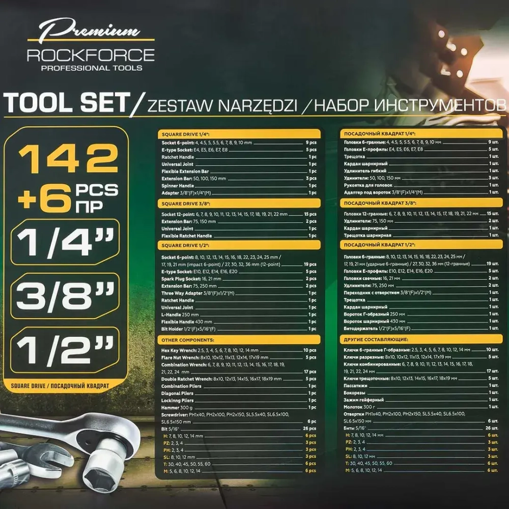 Набор инструментов в пластиковом кейсе (142+6 предметов) RockForce RF-41421-5 GOLD
