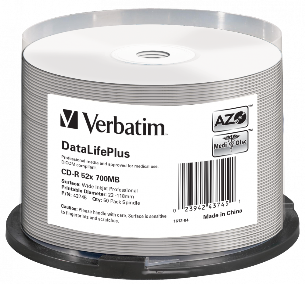 Оптический диск Verbatim CD-R 700MB 52X DataLifePlus MediDisc AZO Inkjet Printable, Spindle, 50 шт