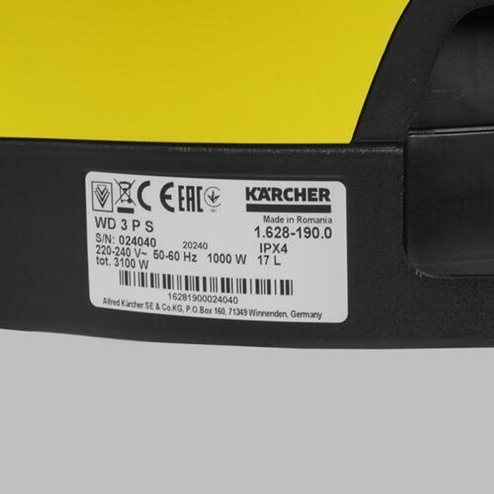 Хозяйственный пылесос KARCHER WD 3 P S V-17/4/20 (YSY) *EU 1000 Вт,17 л,шланг 2 м (1.628-190.0)